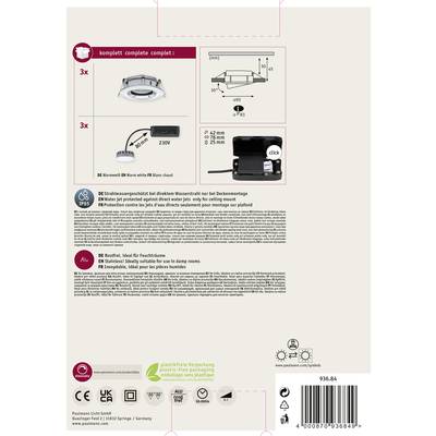 Emballage pour luminaires encastrables LED : Contient 3 luminaires ronds, instructions d'installation et spécifications techniques. Adapté aux zones humides.