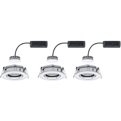 Trois lampes LED rondes avec boîtier de connexion noir et câble. Les lampes sont disposées uniformément côte à côte.