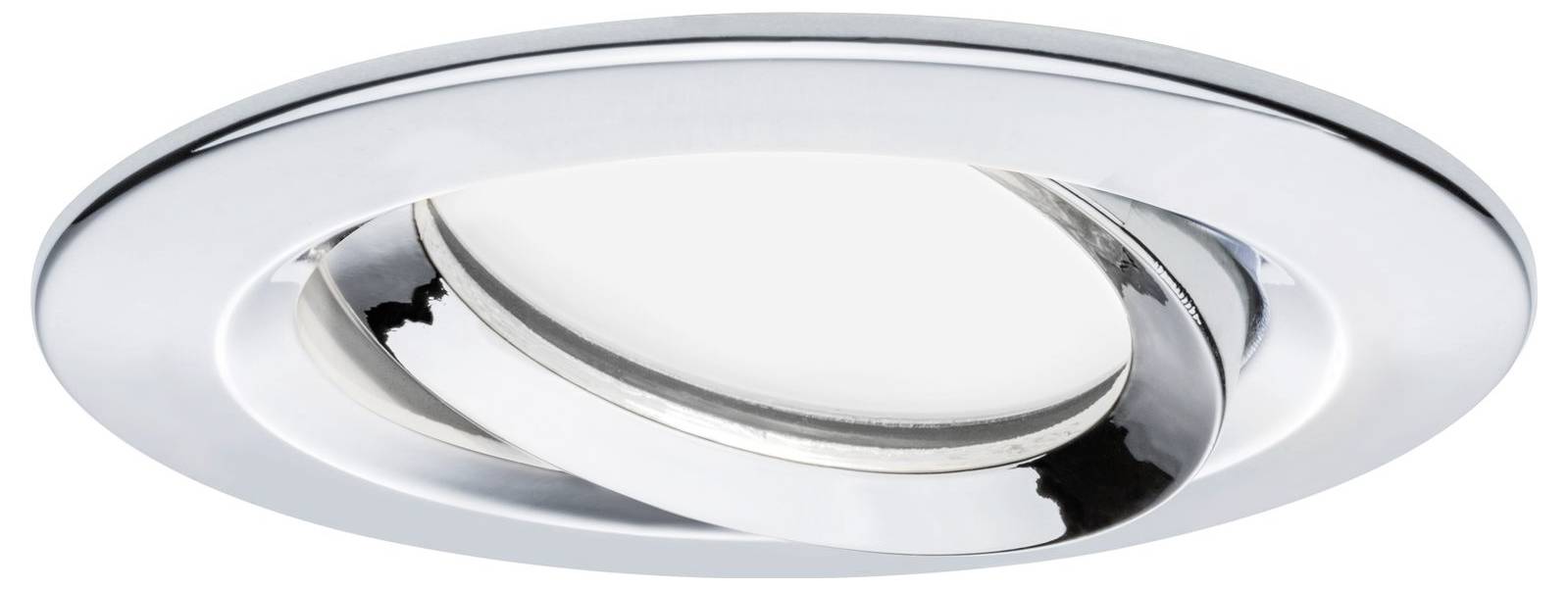 Un plafonnier chromé rond à anneau orientable pour un éclairage directionnel précis.