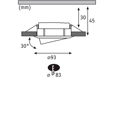 Schéma d'un spot encastrable. Montre les dimensions de hauteur (45 mm au total), l'angle d'inclinaison (30°) et le diamètre de découpe d'encastrement (83 mm).