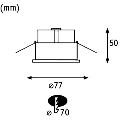 Dessin technique d'un objet cylindrique avec dimensions : hauteur 50 mm, diamètre supérieur 77 mm, découpe inférieure 70 mm.