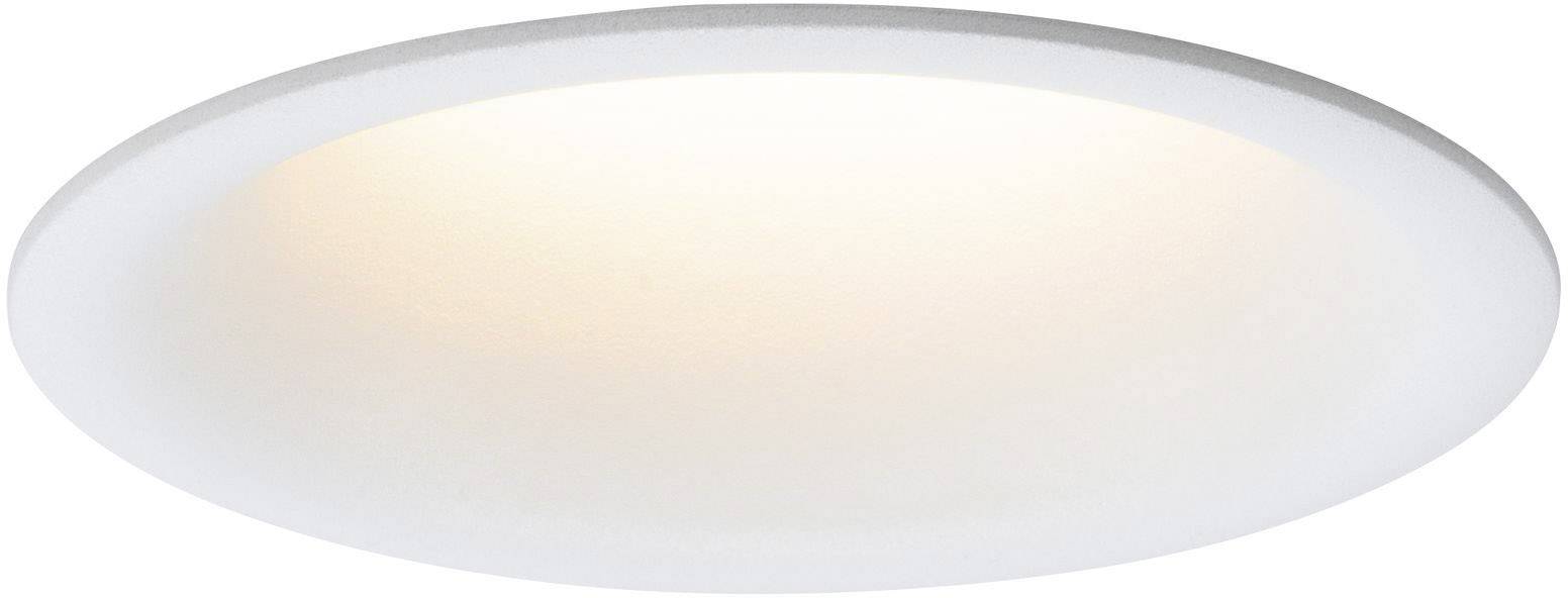 Plafonnier rond à cadre blanc et lumière chaude, fixé à un plafond blanc.
