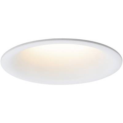 Plafonnier rond à cadre blanc et lumière chaude, fixé à un plafond blanc.
