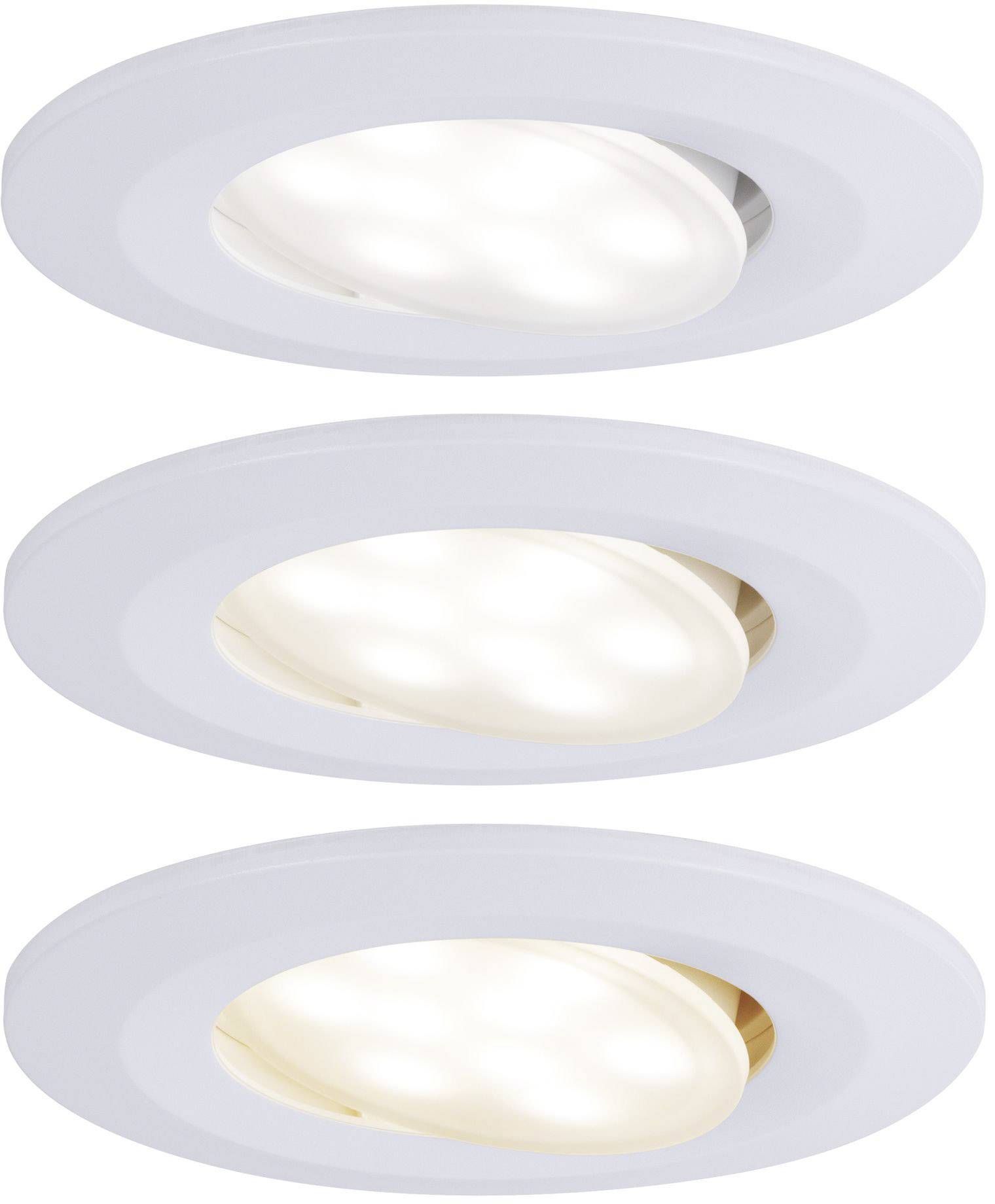 Trois luminaires circulaires blancs alignés, chacun diffusant une température de lumière différente : froide, neutre et chaude.