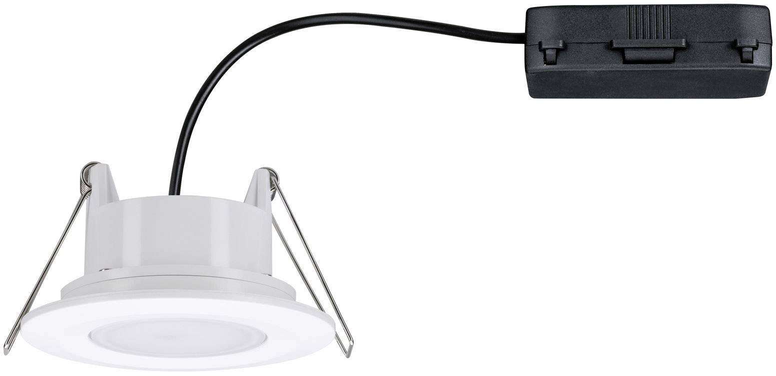 Un luminaire LED encastré blanc avec deux attaches à ressort métalliques et un boîtier de connexion noir, reliés par un câble.