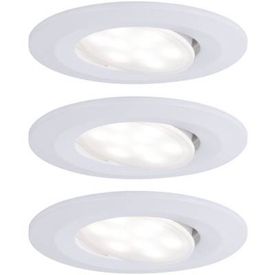 Trois spots encastrables LED ronds blancs qui s'illuminent. Ils sont disposés de manière uniforme et présentent une solution d'éclairage moderne.