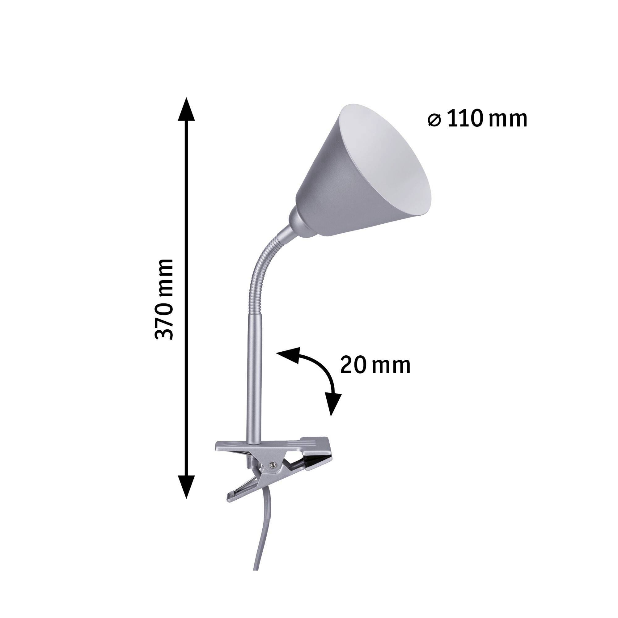 Lampe à pince argentée avec col flexible ; hauteur totale 370 mm, diamètre de l'abat-jour 110 mm, pince s'ouvrant sur 20 mm.