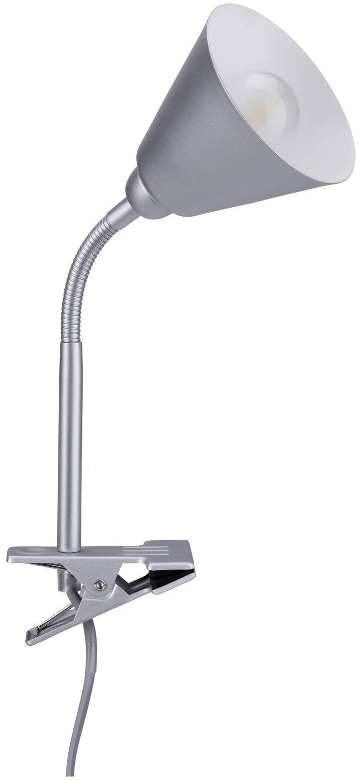 Lampe à pince argentée avec col flexible et abat-jour conique. Idéale pour être fixée sur des bureaux ou des étagères.
