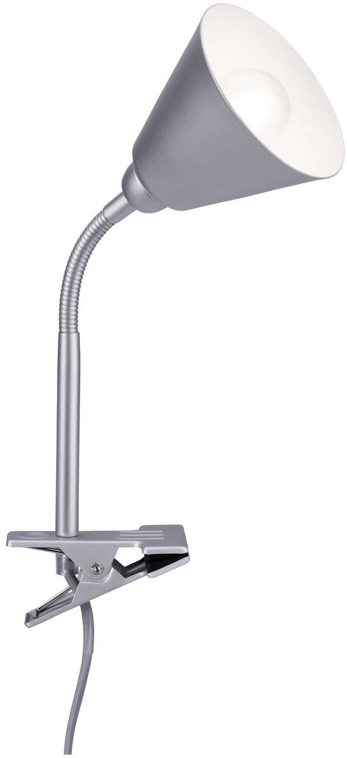 Lampe de bureau grise à pince avec col de cygne flexible, adaptée à l'éclairage des postes de travail ou des coins lecture.