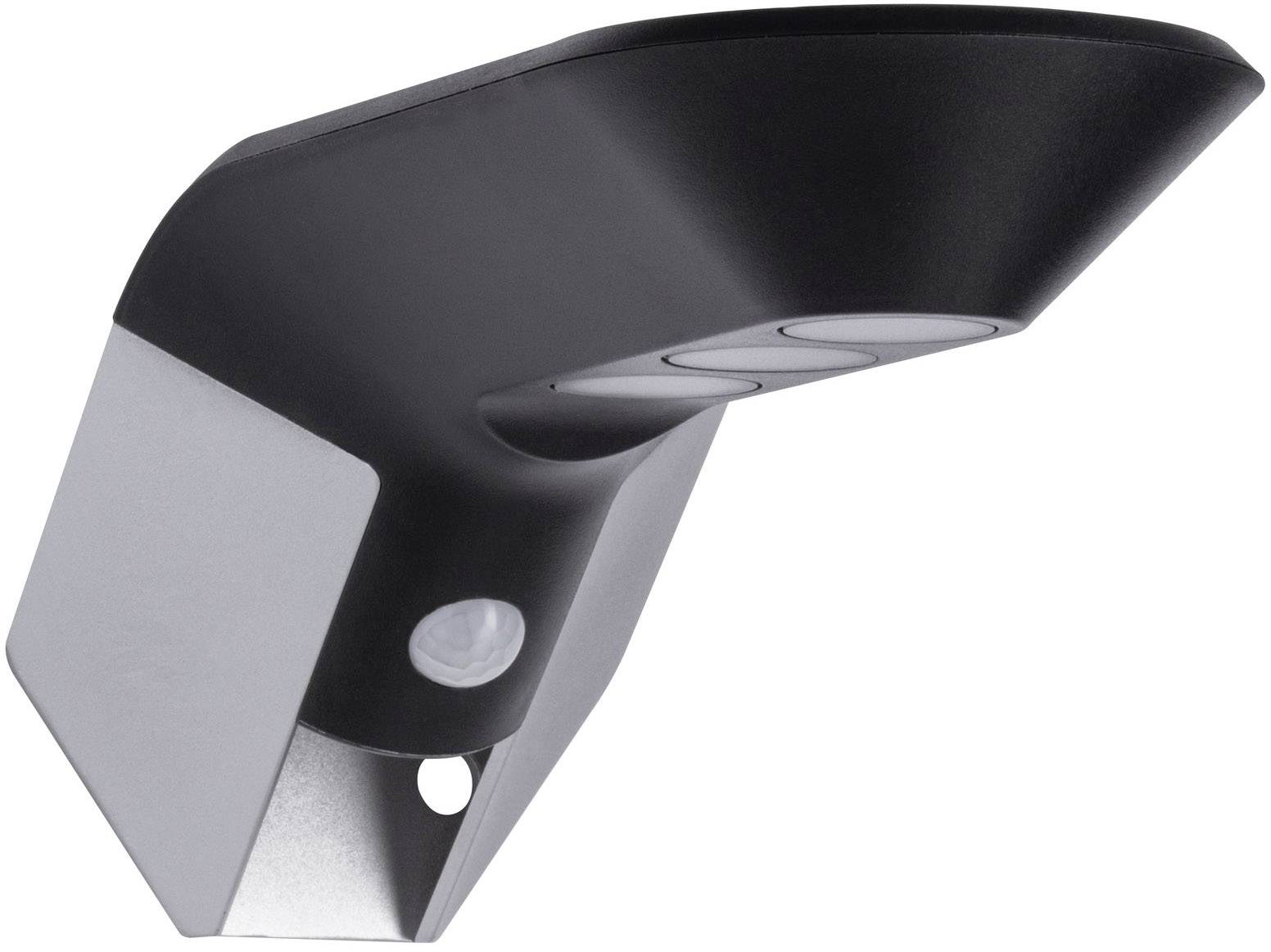 Applique extérieure LED moderne noire avec détecteur de mouvement intégré, montée sur un support métallique argenté.