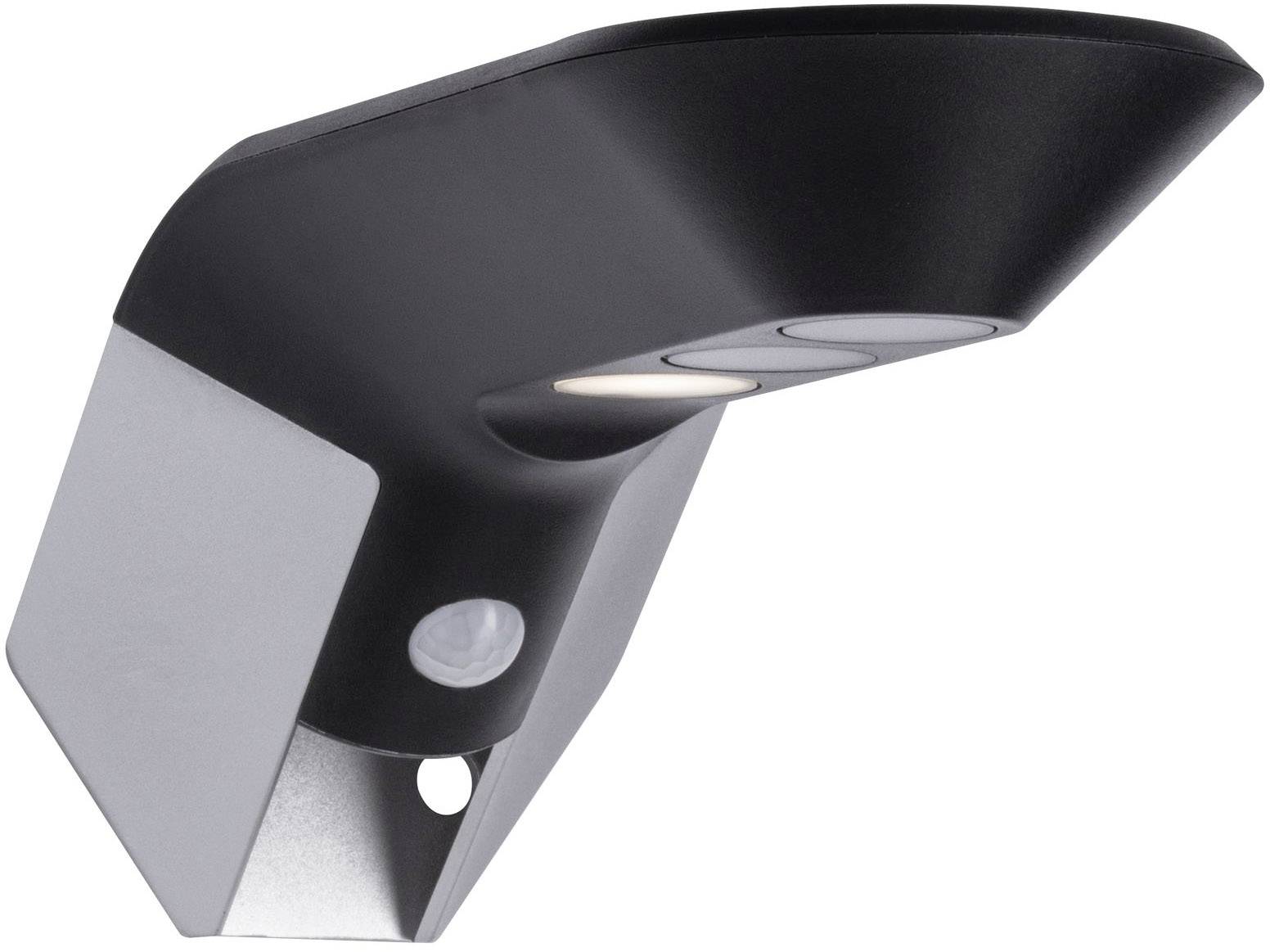 Applique murale noire avec détecteur de mouvement intégré et lampes LED, adaptée à l'éclairage extérieur.