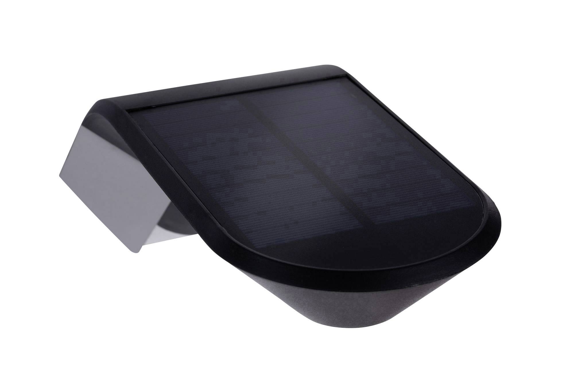 Lampe solaire noire au design arrondi, idéale pour l'éclairage extérieur. Montage mural, fonctionnant à l'énergie solaire pour un fonctionnement économe en énergie.