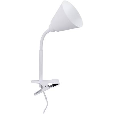Lampe à pince blanche avec col flexible et abat-jour conique. Convient à l'éclairage ciblé de différentes zones.