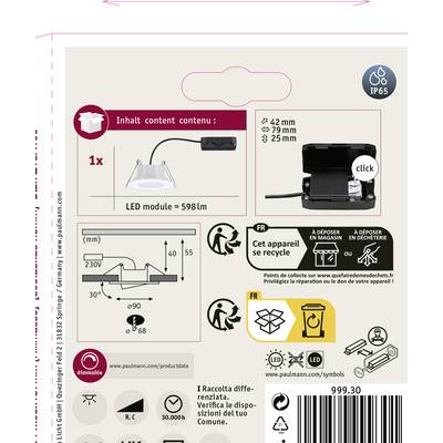 Module LED 'Paulmann' avec contenu : 1x module LED (598 lm), alimentation électrique. Dimensions : 42 x 79 x 25 mm. Classe de protection IP65.