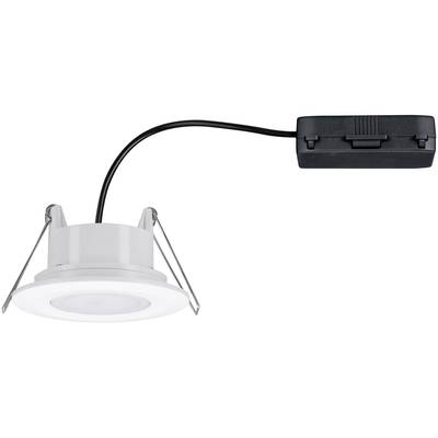 Un spot encastrable de plafond LED rond, équipé de deux ressorts et d'un câble de connexion, relié à un driver rectangulaire noir.