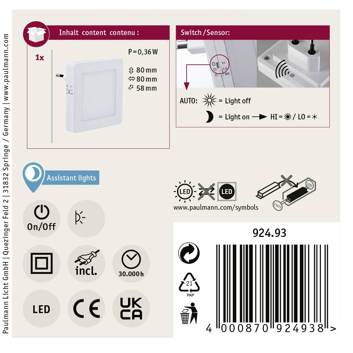 'Emballage d'un luminaire LED. Contient une image du luminaire, consommation électrique de 0,36W. Symboles pour mode automatique, interrupteur marche/arrêt et mode capteur. Code QR et code-barres en bas à droite.'