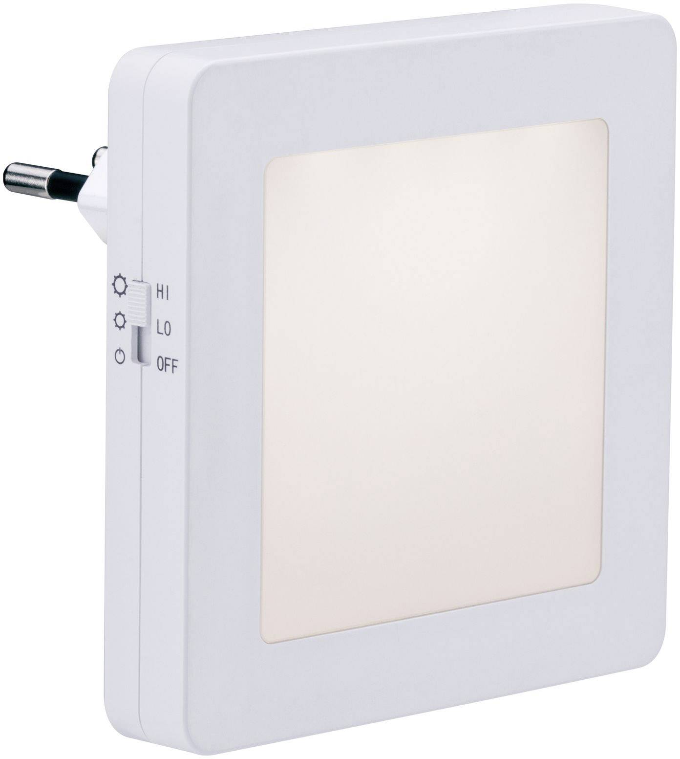 Une lampe de nuit blanche, carrée, avec un interrupteur HI, LO et OFF sur le côté, branchée dans une prise électrique.