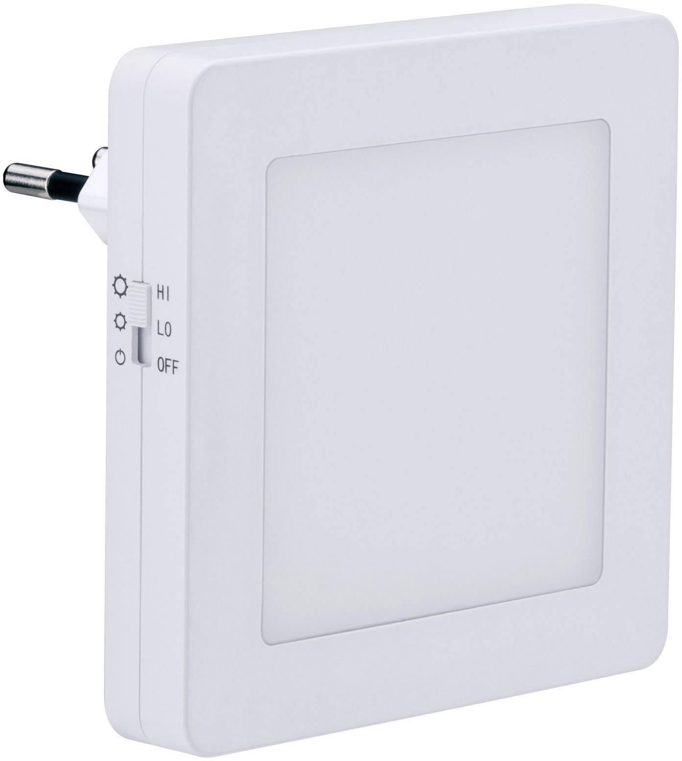 Lampe carrée blanche avec interrupteur HI, LO et OFF sur le côté.