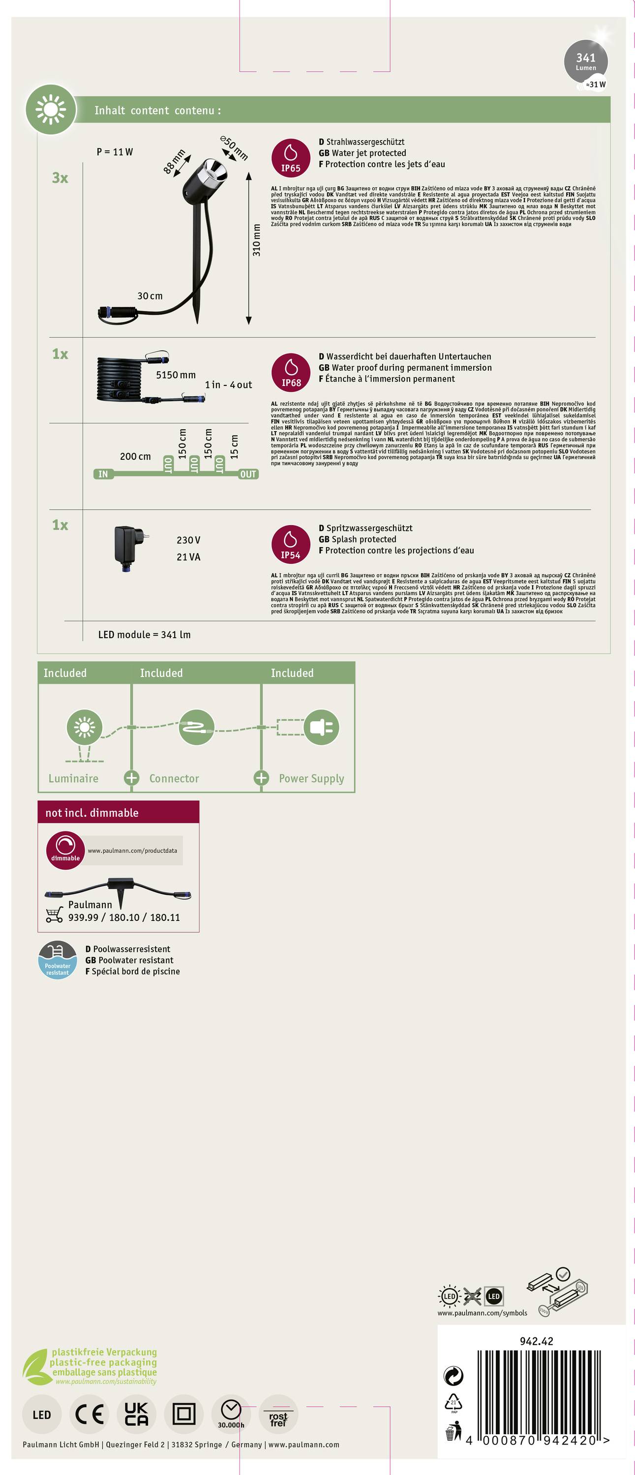 Emballage de produit avec illustrations et informations sur différents câbles et adaptateurs pour installations d'éclairage, incluant des instructions de connexion.