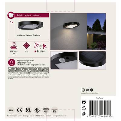 'Lampe extérieure noire avec panneau solaire et détecteur de mouvement. Durée de fonctionnement 8 heures, portée 2 m, couverture 120°. Résistante aux projections d'eau.'
