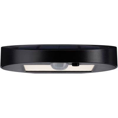 Lampe solaire LED ronde noire avec détecteur de mouvement et panneau solaire sur le dessus. L'unité d'éclairage et le capteur sont situés sur la face inférieure.