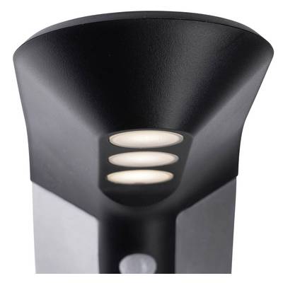 Un luminaire extérieur moderne équipé de trois LED circulaires intégrées, orientées vers le bas. Boîtier en métal noir.