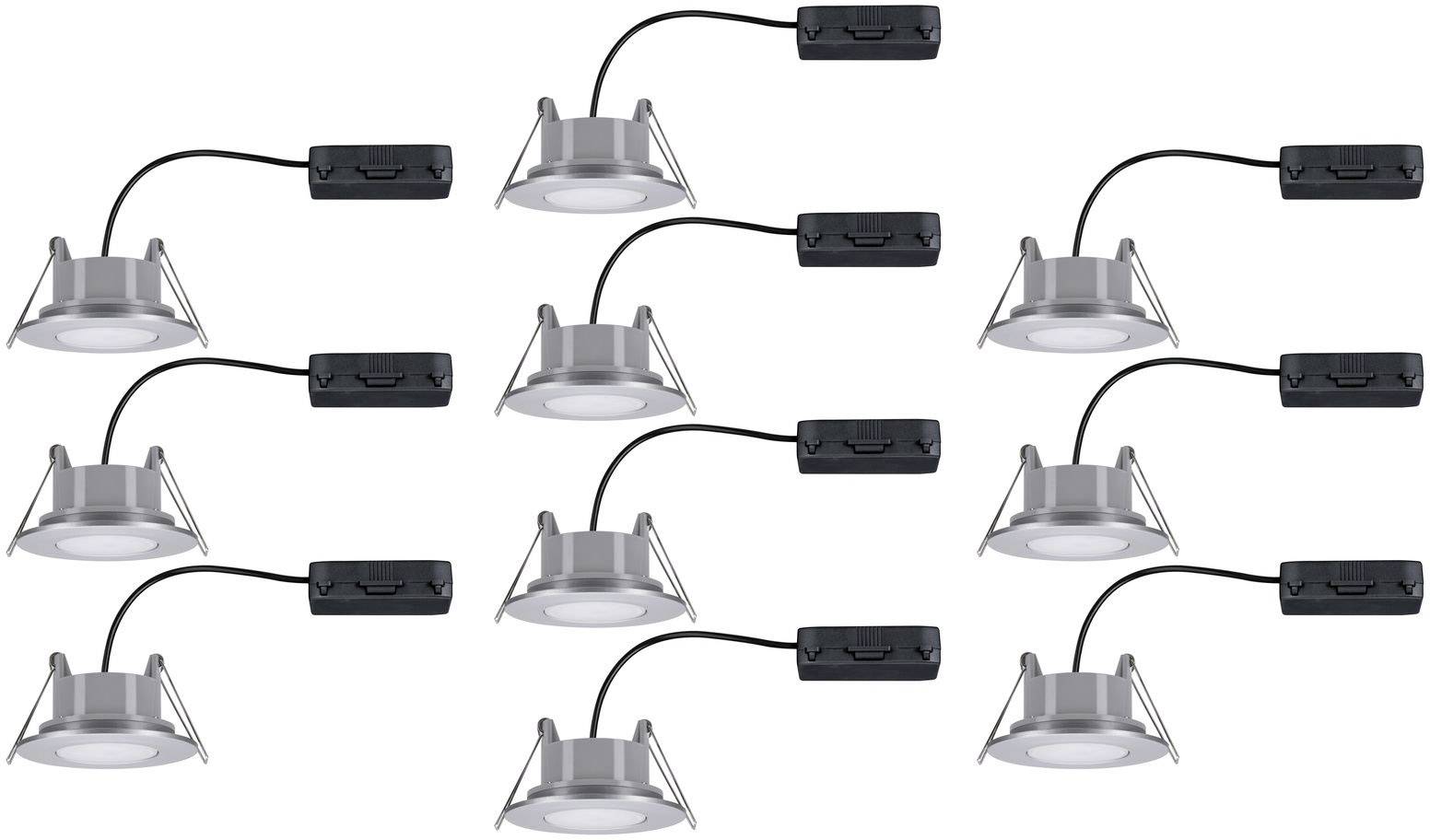 Dix luminaires LED ronds en argent encastrés, connectés à des boîtes électriques noires, disposés uniformément selon un motif en grille.