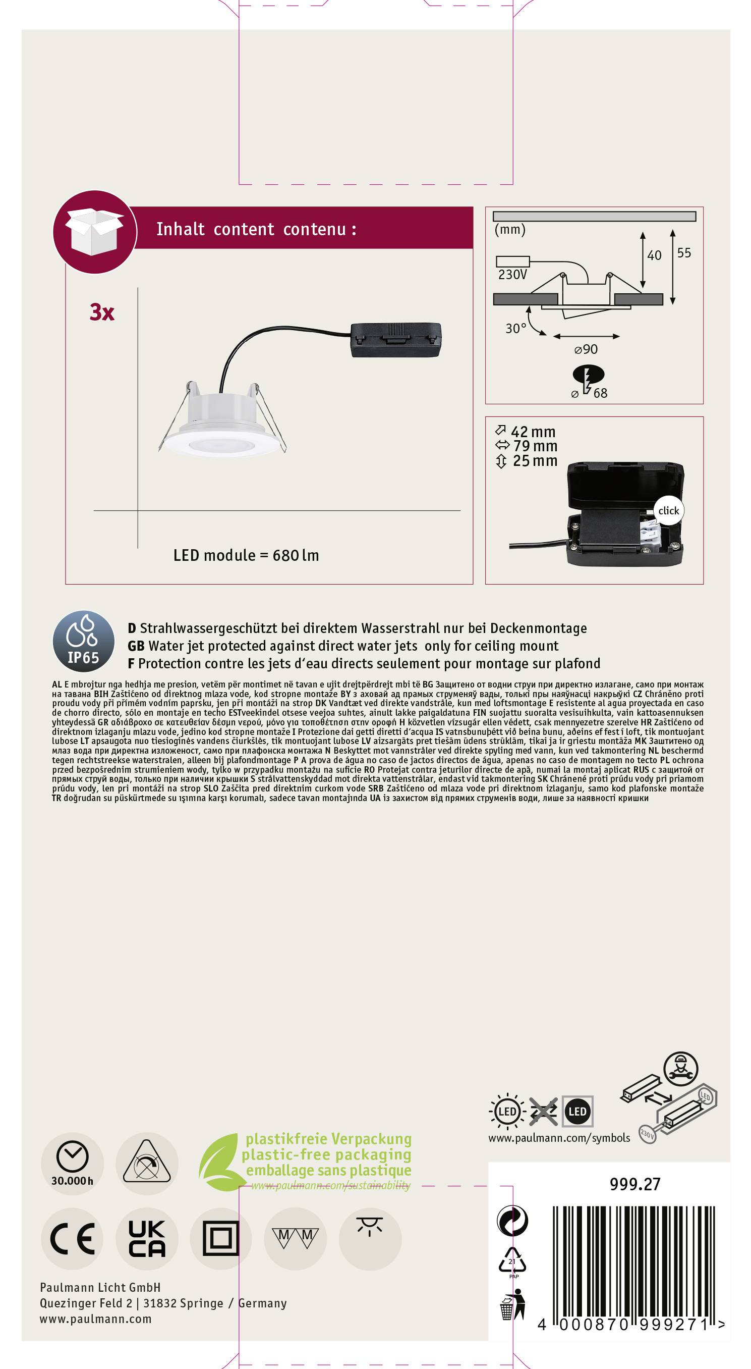 Dos de l'emballage pour luminaire LED. Présente un schéma d'installation, des spécifications techniques, des symboles de classe de protection et des matériaux d'emballage.
