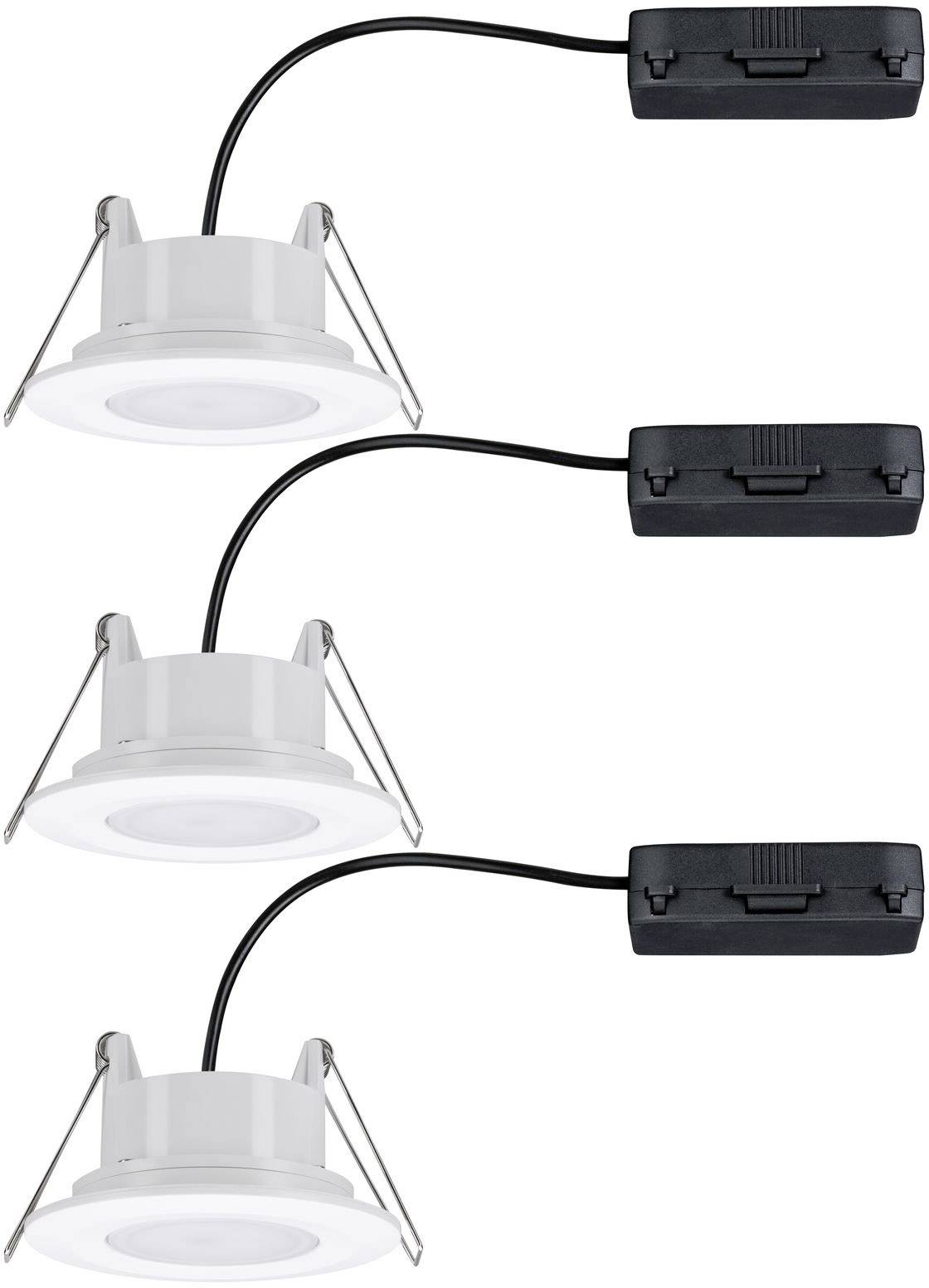 Trois spots encastrables LED ronds blancs avec câbles de connexion noirs et clips de montage, adaptés pour une installation au plafond.