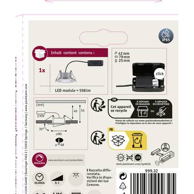 Module LED : Contenu : 1x, Longueur 598 mm. Le diagramme présente le raccordement LED et les instructions d'installation. Symboles d'élimination et classe de protection IP65.