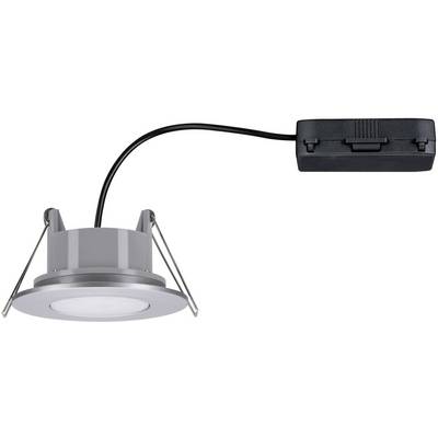 Luminaire LED encastrable avec boîtier rond argenté et câblage noir, adapté pour une installation au plafond.