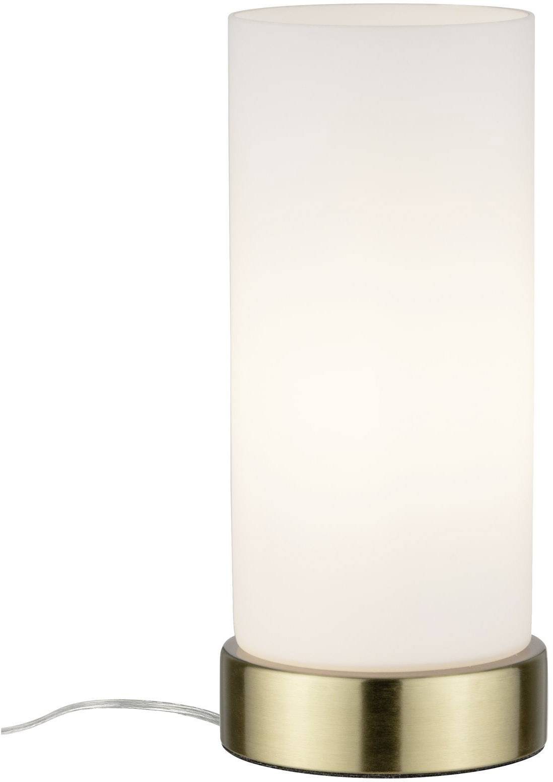 Lampe de table cylindrique avec abat-jour en verre blanc et socle métallique, le câble est apparent.