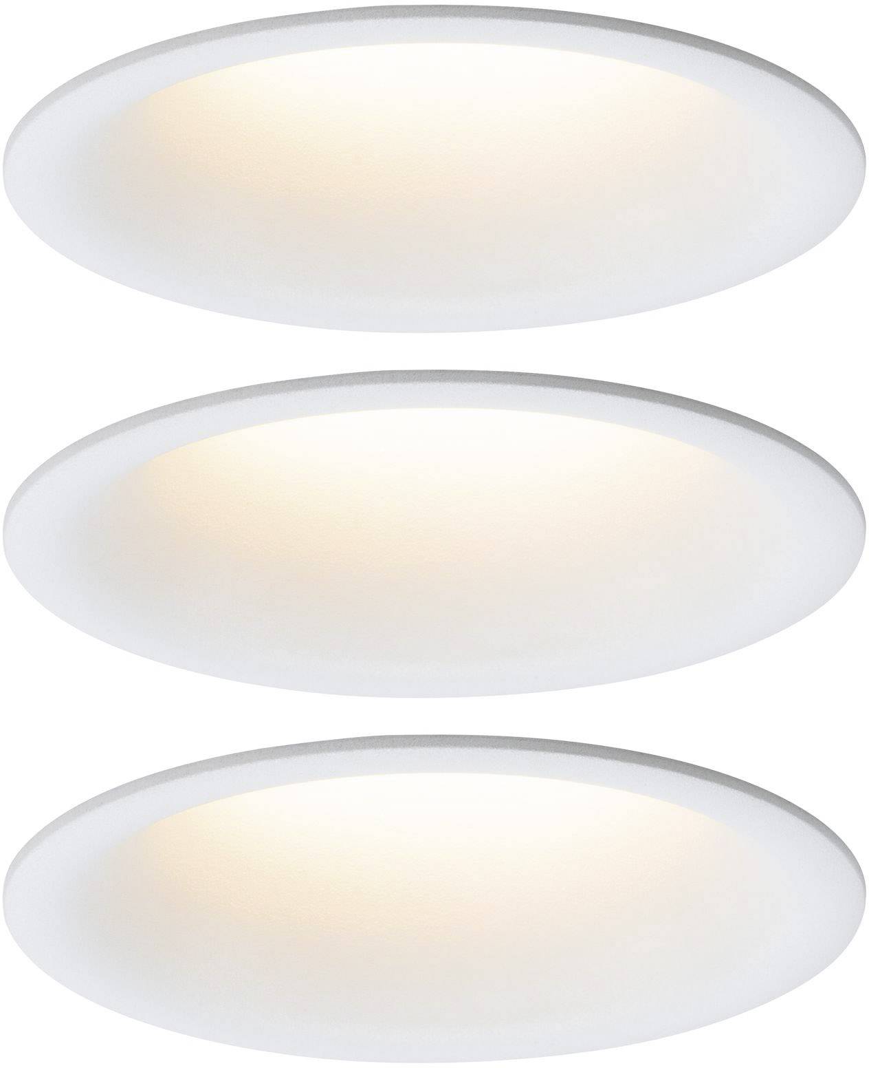 Trois luminaires ronds blancs disposés verticalement, émettant une lumière blanche chaude et créant un effet d'éclairage minimaliste.