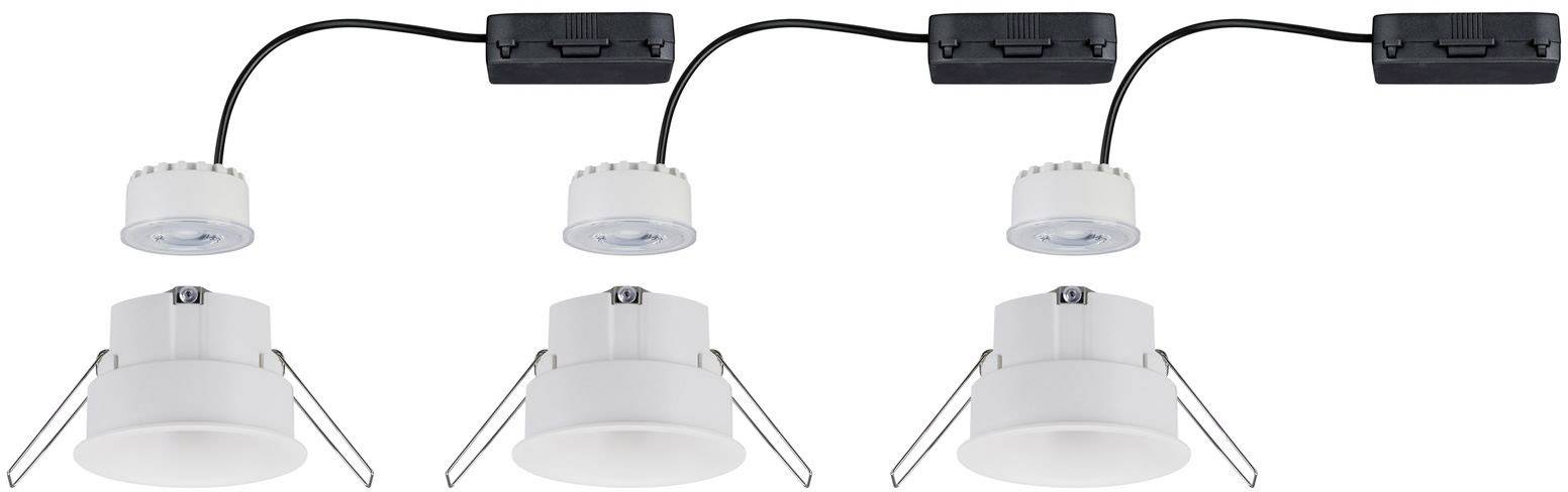'Trois luminaires encastrables blancs avec connecteurs et câbles intégrés, prêts à être installés au plafond.'