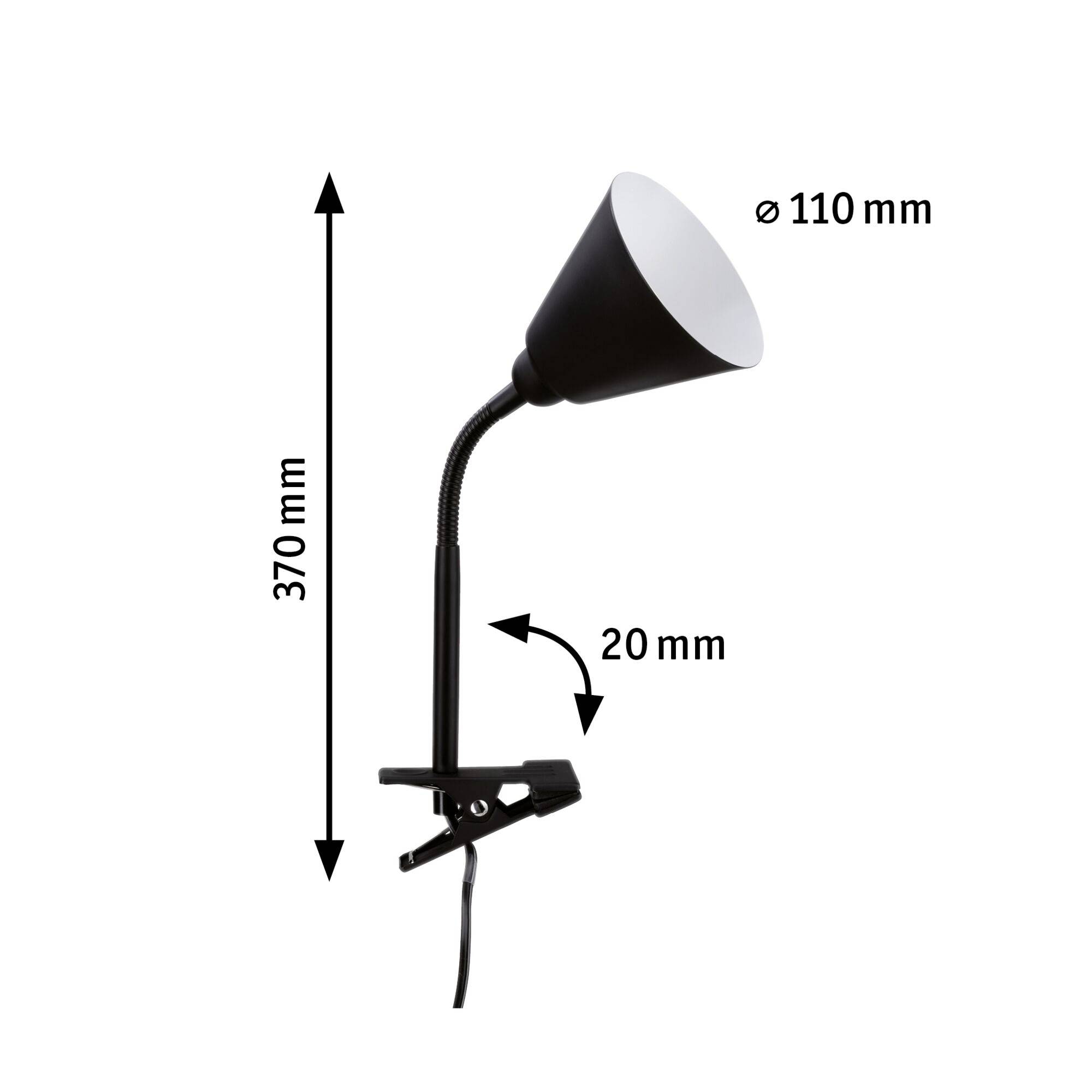 Lampe de table noire avec col flexible, hauteur totale de 370 mm, diamètre d'abat-jour de 110 mm, fixation par pince, câble électrique intégré.