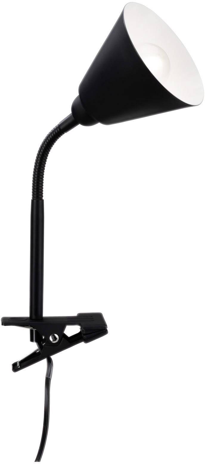 Lampe de bureau noire à pince avec col flexible et abat-jour conique, principalement utilisée pour un éclairage ciblé.