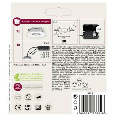 Dos d'un emballage de downlight LED. Contient des illustrations du produit, des détails de connexion, des informations de garantie et des recommandations de recyclage.