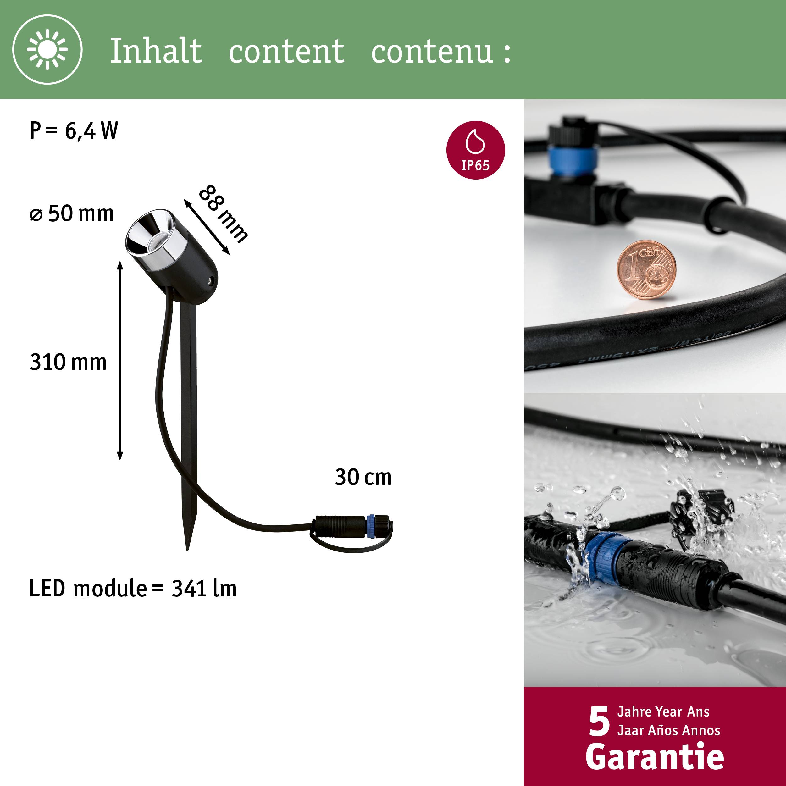 'Dimensions et détails d'un luminaire LED étanche, certifié IP65, avec 5 ans de garantie. Hauteur 310 mm, Ø 50 mm, 6,4 W, Module LED 341 lm.'