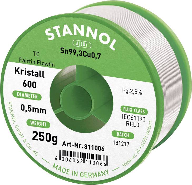 Bobine de fil à souder Stannol, modèle Kristall 600, diamètre 0,5 mm, 250g, alliage Sn99,3Cu0,7, classe de flux IEC61190 RELO, Fabriqué en Allemagne.