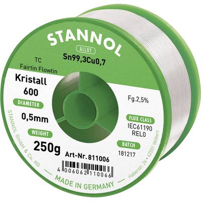 Bobine de fil à souder Stannol, modèle Kristall 600, diamètre 0,5 mm, 250g, alliage Sn99,3Cu0,7, classe de flux IEC61190 RELO, Fabriqué en Allemagne.