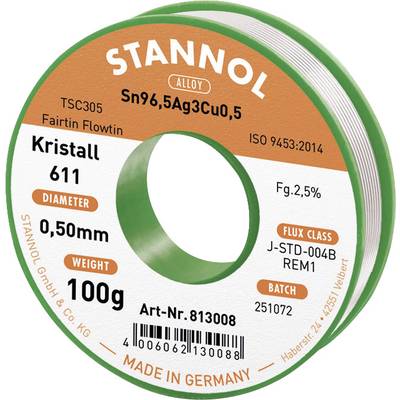 Étiquette d'un rouleau de soudure avec détails : 'Sn96,5Ag3Cu0,5', diamètre '0,50 mm', poids '100 g', fabricant 'STANNOL', 'Fabriqué en Allemagne'.
