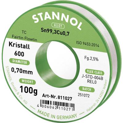 Bobine de soudure 'Kristall 600' de Stannol, 100g, diamètre 0,70mm, alliage Sn99,3Cu0,7, classe de flux J-STD-004B REL0, fabriqué en Allemagne.