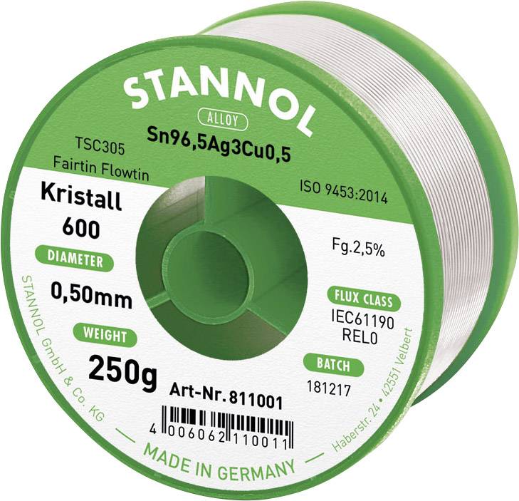 Bobine de fil à souder 'Stannol Kristall 600', Sn96,5Ag3Cu0,5, ø 0,50mm, 250g, pour réparations électroniques, étiquette vert-blanc, 'MADE IN GERMANY'.