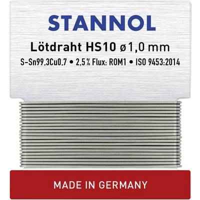 'Bobine de soudure STANNOL, 1,0 mm, Sn99,3Cu0,7, 2,5% de flux, ISO 9453:2014, fabriquée en Allemagne.'