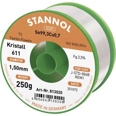 Rouleau de soudure STANNOL : Kristall 611, Sn99,3Cu0,7, Ø 1,50 mm, 250 g. Classe de flux J-STD-004B REM1. Fabricant : Stannol GmbH & Co. KG, Allemagne.
