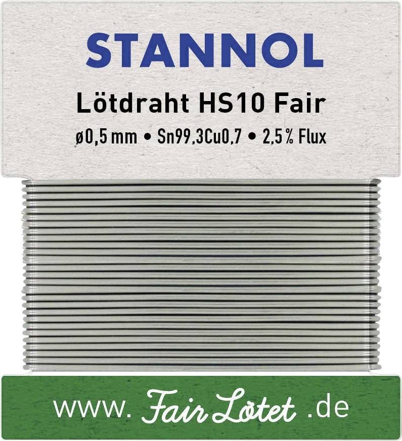 'Fil à souder HS10 Fair' en écriture bleue sur un emballage gris. Indications : diamètre de 0,5 mm, Sn99,3Cu0,7, flux à 2,5%. Site web : 'www.FairLötet.de'.