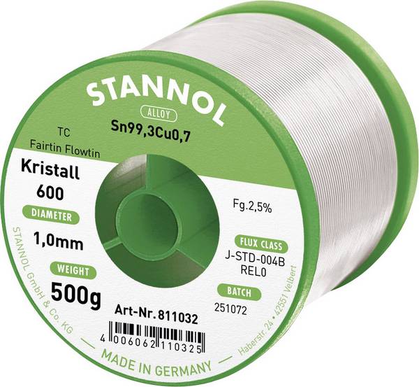 Stannol Kristall 600 Fairtin Étain à souder sans plomb sans plomb Sn99,3Cu0,7 REL0 500 g 1 mm