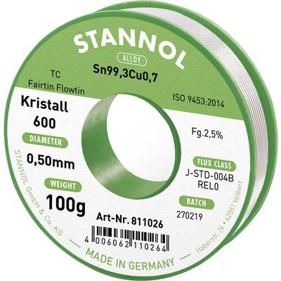 Stannol Kristall 600 Fairtin Étain à souder sans plomb sans plomb Sn99,3Cu0,7 100 g 0.5 mm