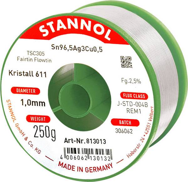 Stannol Kristall 611 Fairtin Étain à souder sans plomb sans plomb Sn96,5Ag3Cu0,5 REM1 250 g 1 mm