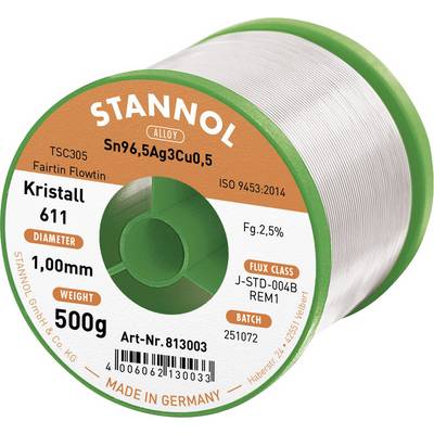 Rouleau de soudure 'Kristall 611', diamètre : 1,00 mm, poids : 500g. Sn96,5Ag3Cu0,5. Classe de flux J-STD-004B REM1. Fabriqué en Allemagne.
